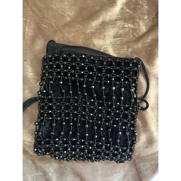 Black Beaded Drawstring Evening Bag Prom Formal 20s Flapper Accessory Purse READ - Picture 2 of 16
